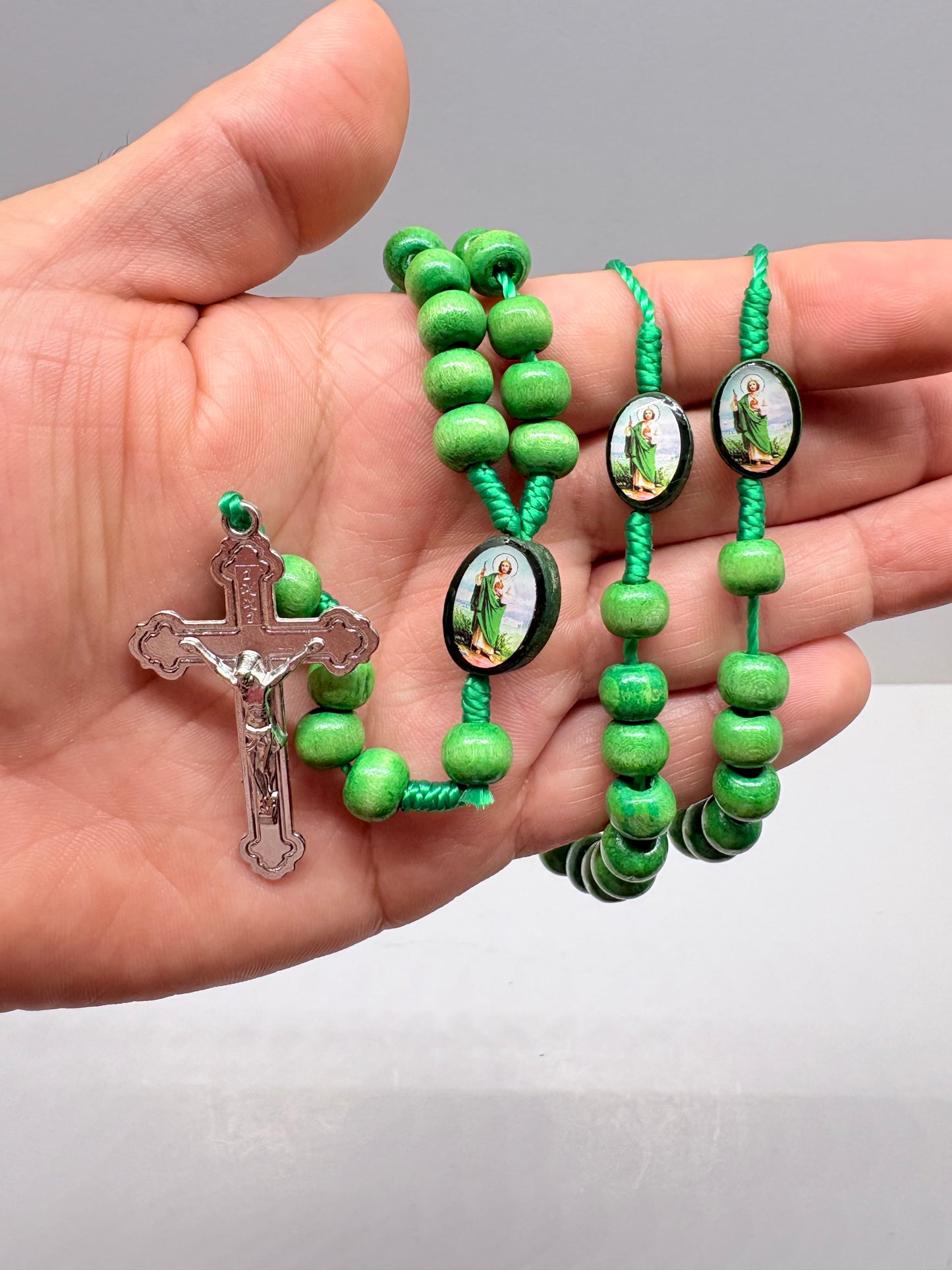Green St Jude Wooden Rosary with St. Benedict Crucifix