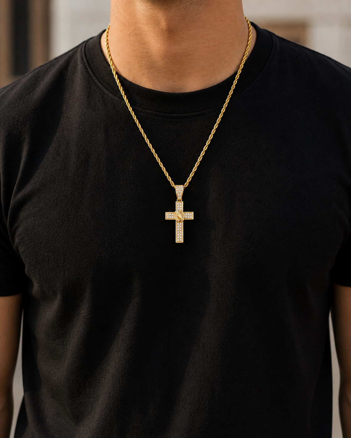 Cross Necklace with Praying Hands Pendant, Gold Rope Chain, CZ Diamond, Waterproof Stainless Steel