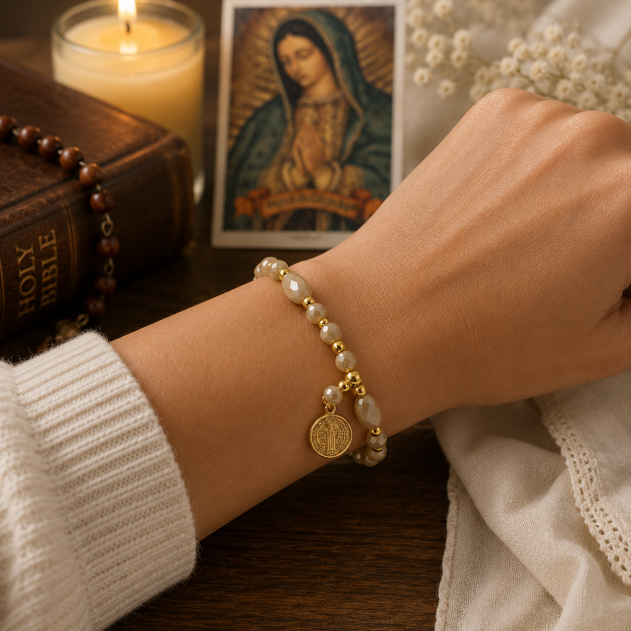 Beige and Gold St. Benedict Beaded Bracelet with Elastic Band + Spanish Our Lady of Guadalupe Prayer Card
