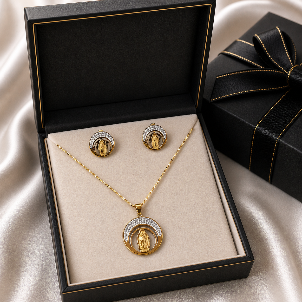 Our Lady of Guadalupe Moon Necklace and Earring Set Stainless Steel