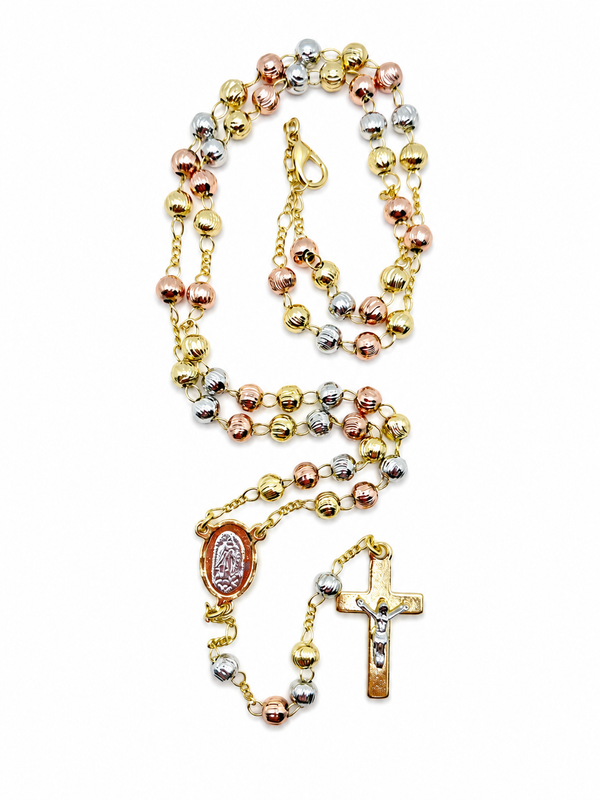 18k tri-color gold plated rosary with Our Lady of Guadalupe centerpiece and crucifix
