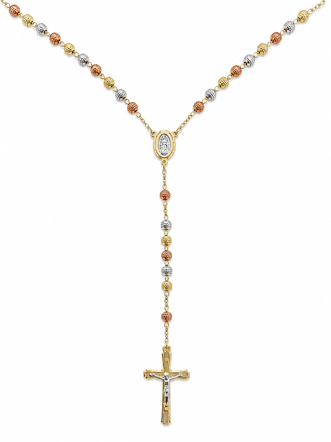 18k tri-color gold plated Catholic rosary on jewelry display stand with detailed crucifix close-up
