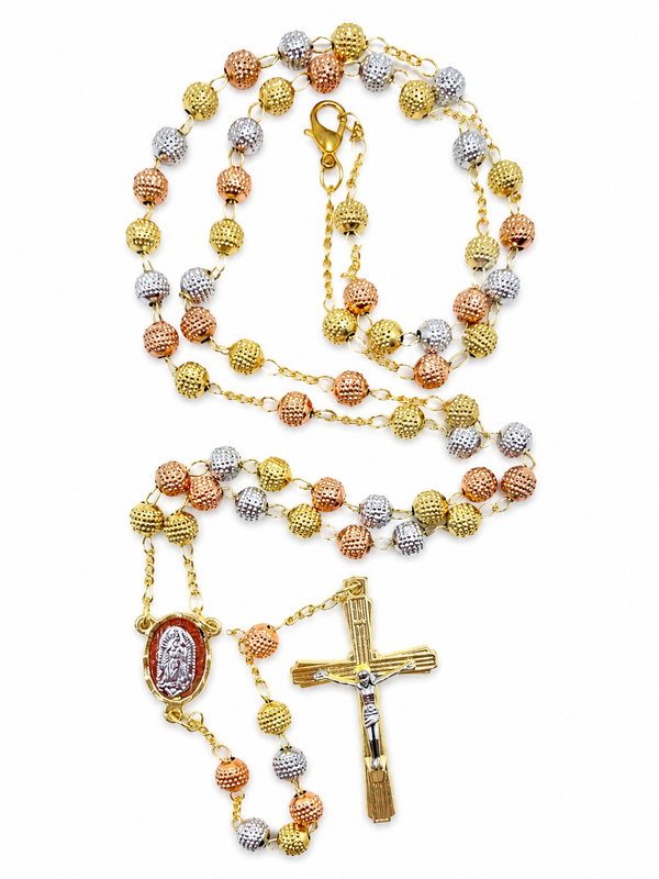 18k tri-color gold plated rosary with Our Lady of Guadalupe pendant and diamond cut beads on white background