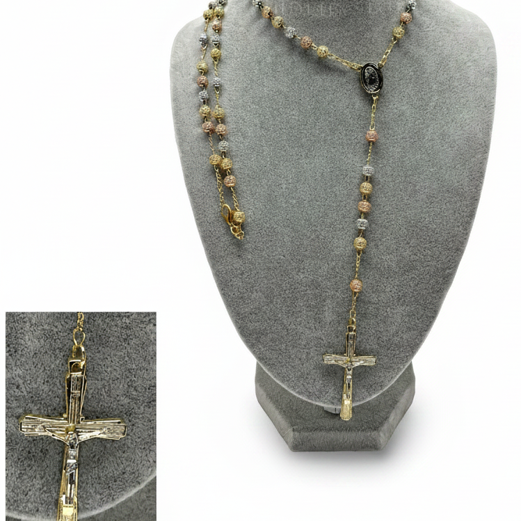 18k tri-color gold plated Catholic rosary on jewelry display stand with detailed crucifix close-up