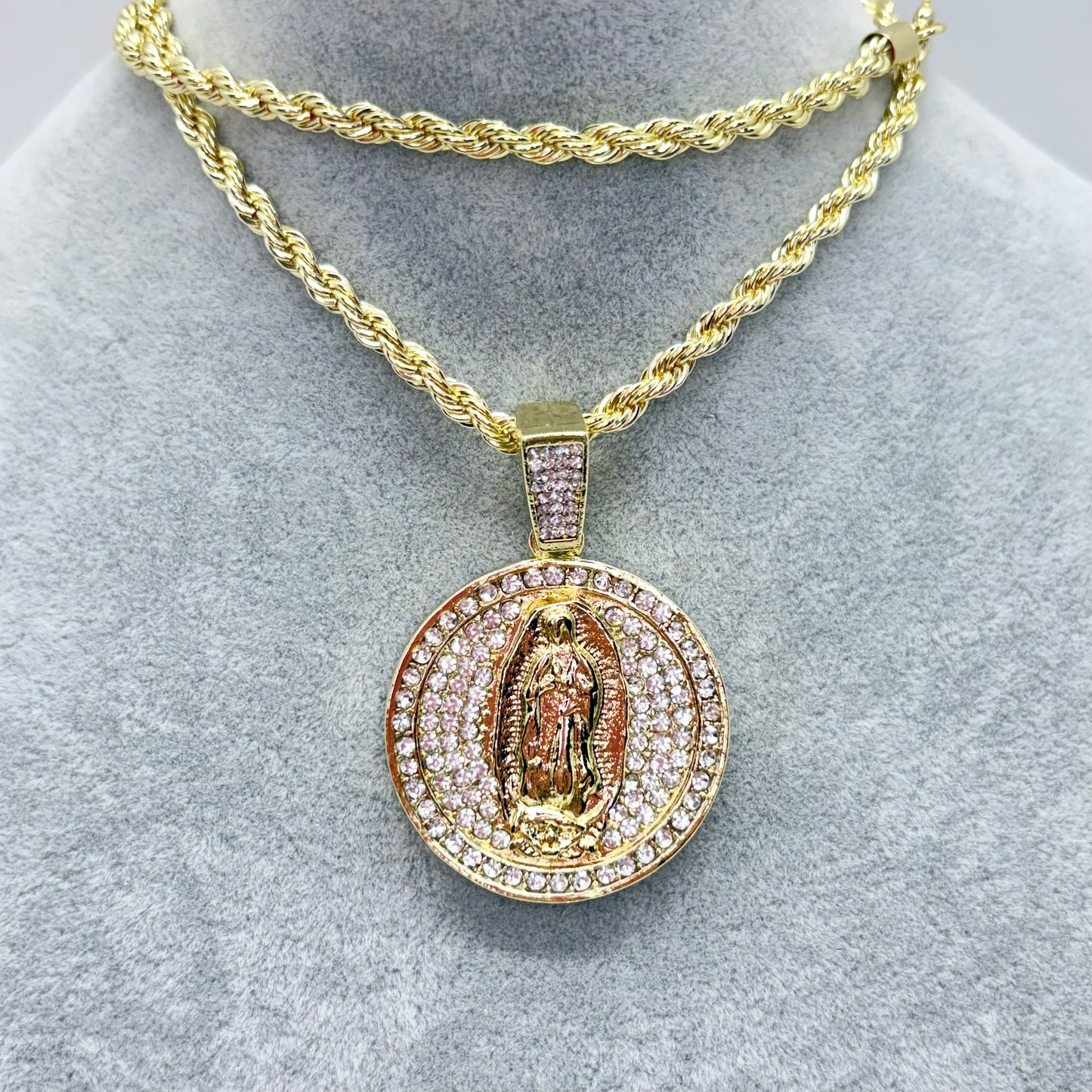 Virgin Mary Guadalupe Necklace, Gold Rope Chain, Round CZ Pendant, Waterproof Stainless Steel