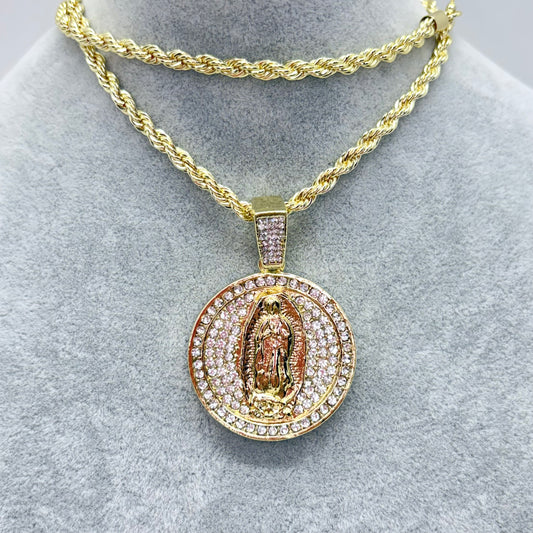 Stainless Steel Guadalupe Necklace Round CZ Pendant – Rope Chain (14”)