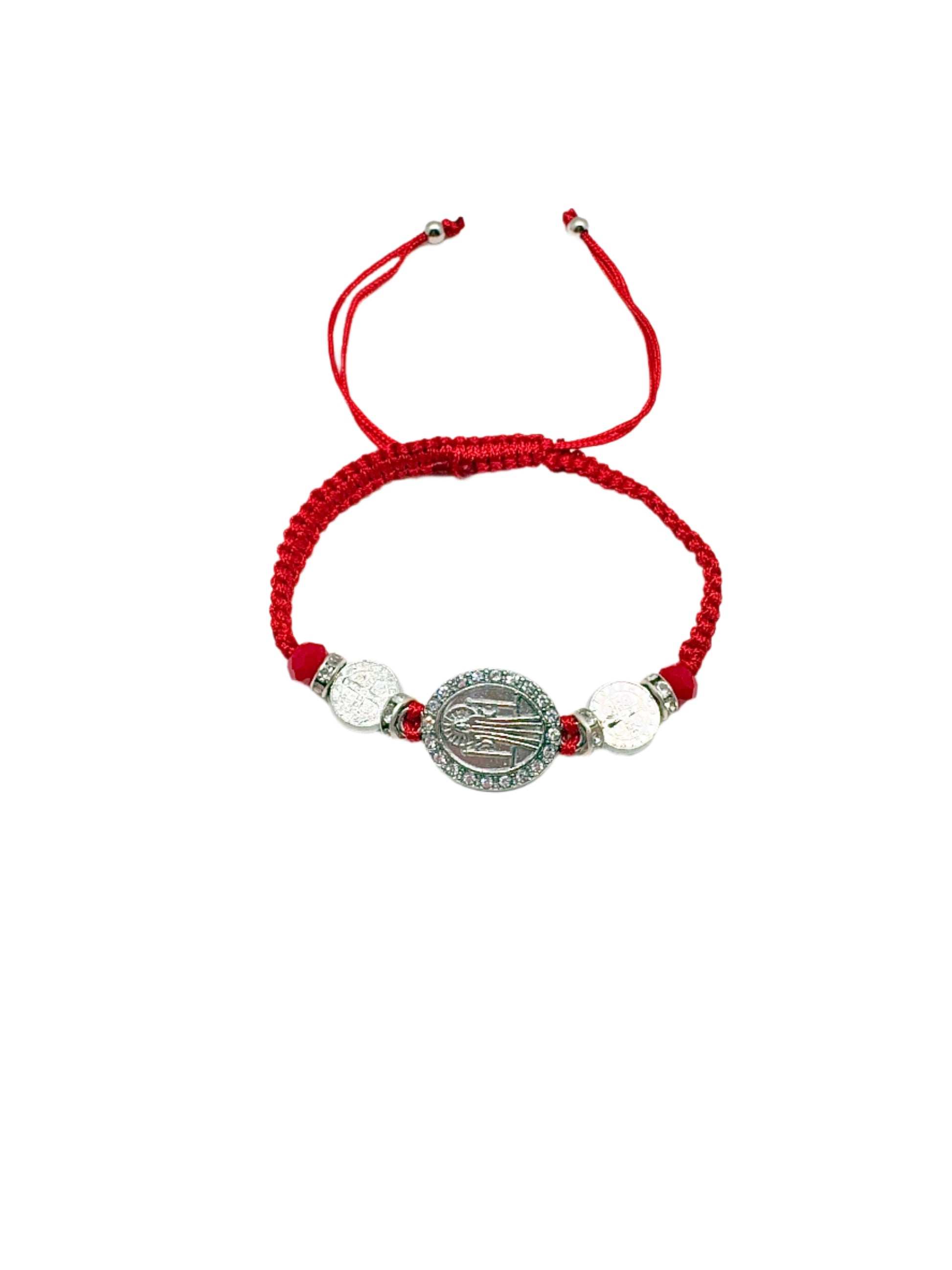 Red Threaded St. Benedict Silver Medal Bracelet Adjustable  with silver beads on a white background
