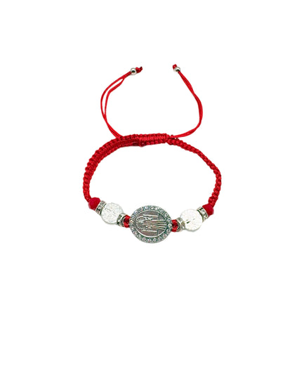 Red Threaded St. Benedict Silver Medal Bracelet Adjustable  with silver beads on a white background