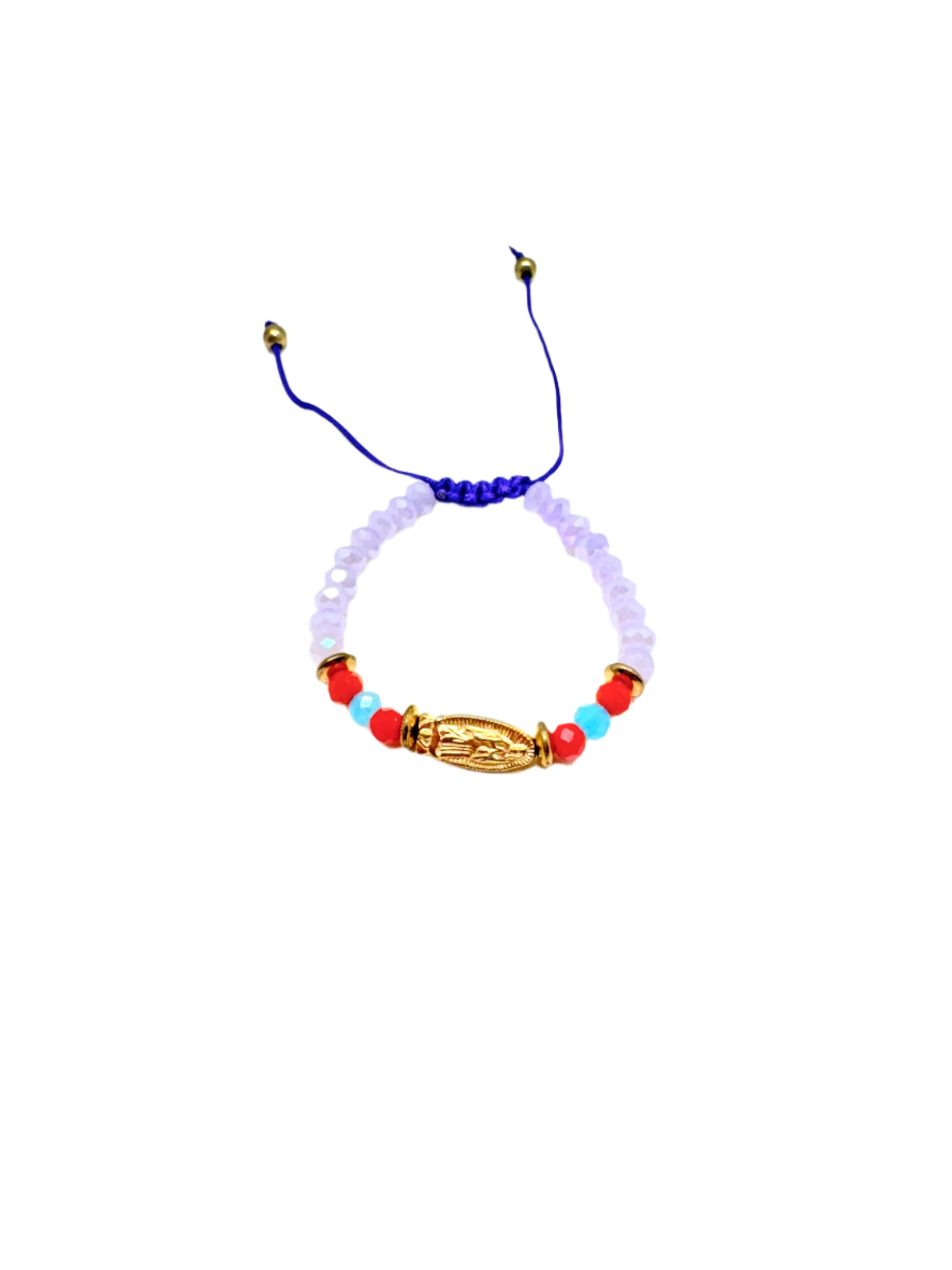 Purple beaded gold colored Guadalupe charm baby, accented with red and blue beads bracelet on a white background. 