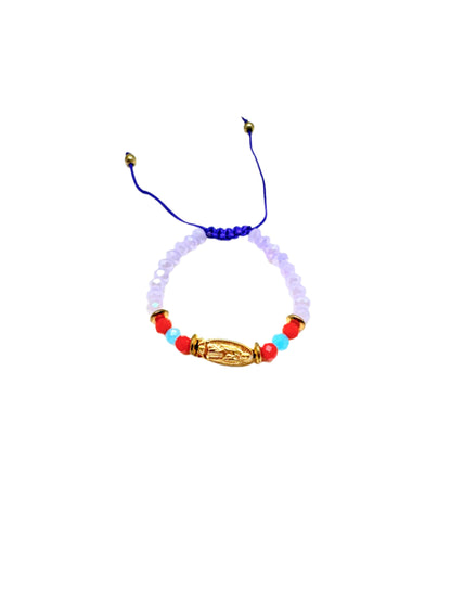 Purple beaded gold colored Guadalupe charm baby, accented with red and blue beads bracelet on a white background. 