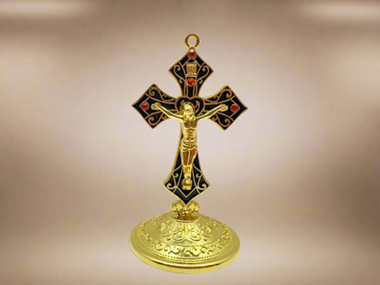 Gold Saint Benedict dashboard crucifix with red rhinestones and adhesive base, 3.5-inch Catholic car cross on a gold background. 