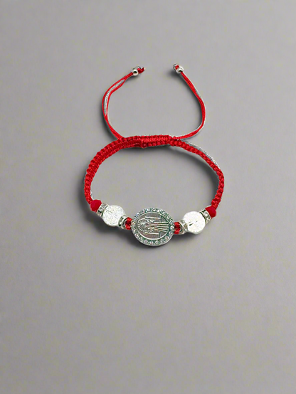  Red Threaded St. Benedict Silver medal Bracelet Adjustable  with silver beads on a grya background