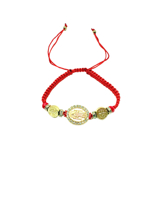 Red Threaded St. Benedict Gold Medal Bracelet Adjustable  with silver beads on a white background