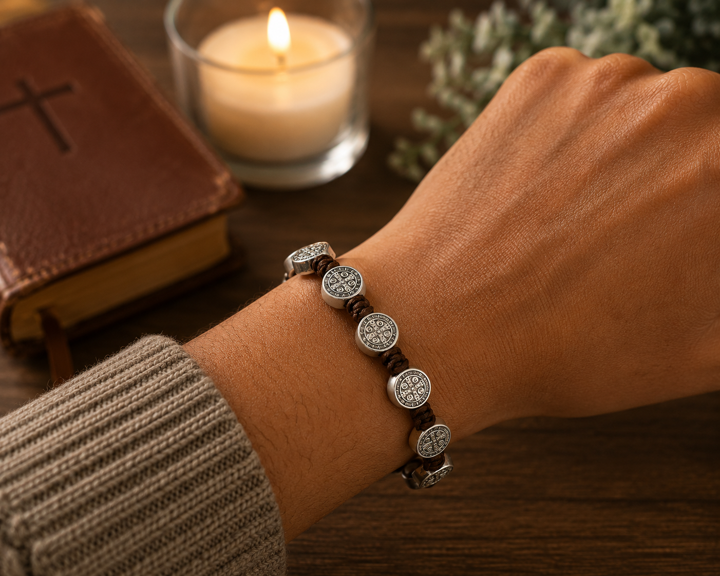 St. Benedict 10 Medal Brown Cord Bracelet