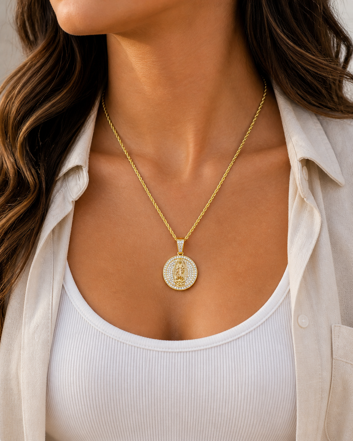 Virgin Mary Guadalupe Necklace, Gold Rope Chain, Round CZ Pendant, Waterproof Stainless Steel