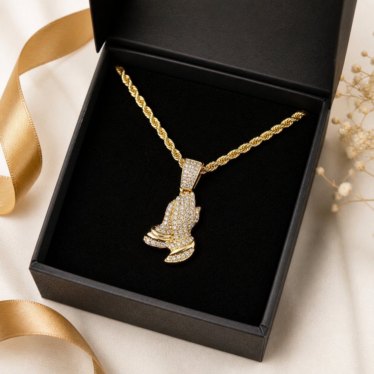 Praying Hands Necklace, Gold Rope Chain, CZ Diamond Pendant, Waterproof Stainless Steel