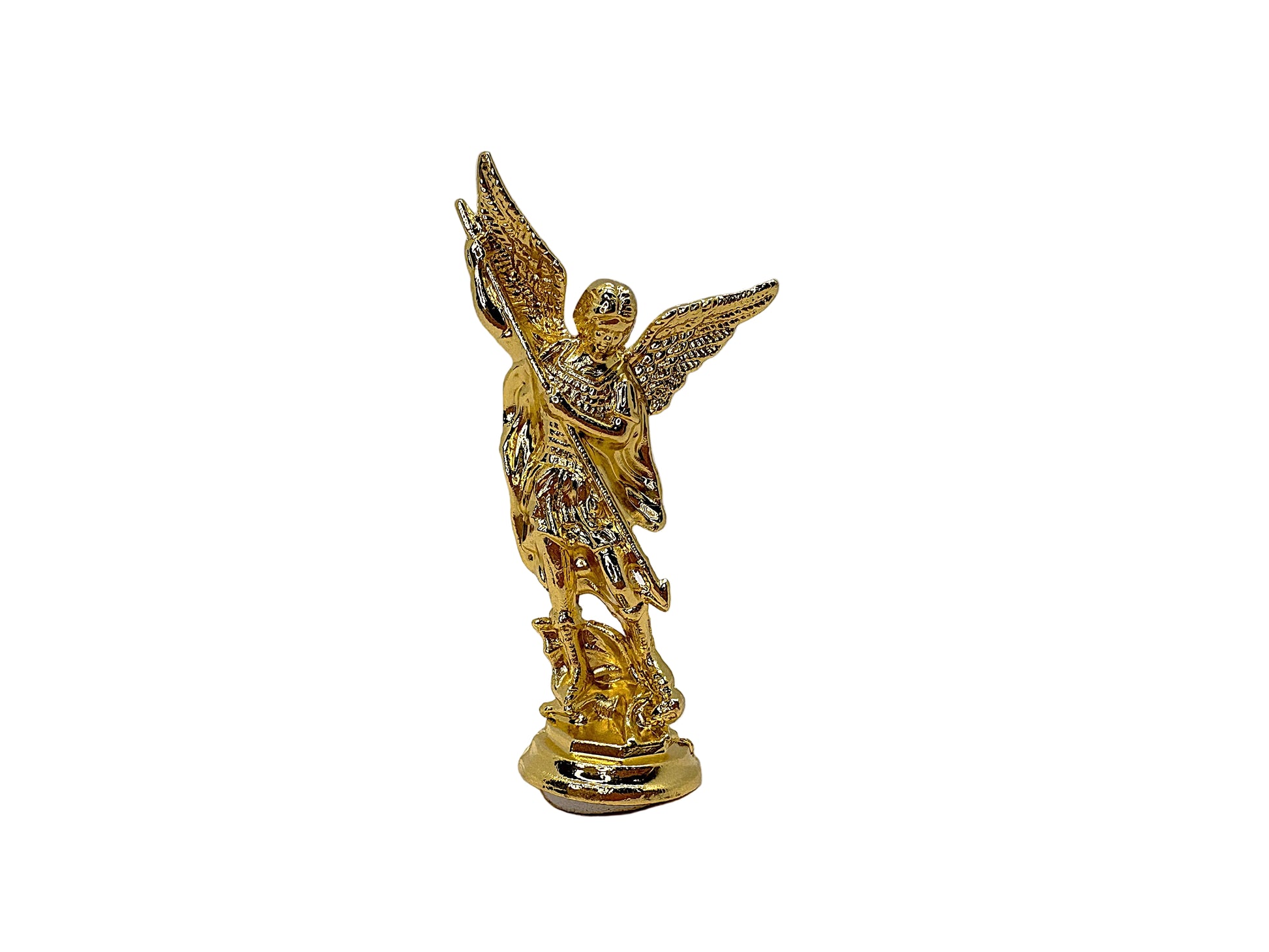 Front view of small gold colored Saint Michael Figurine on white background 