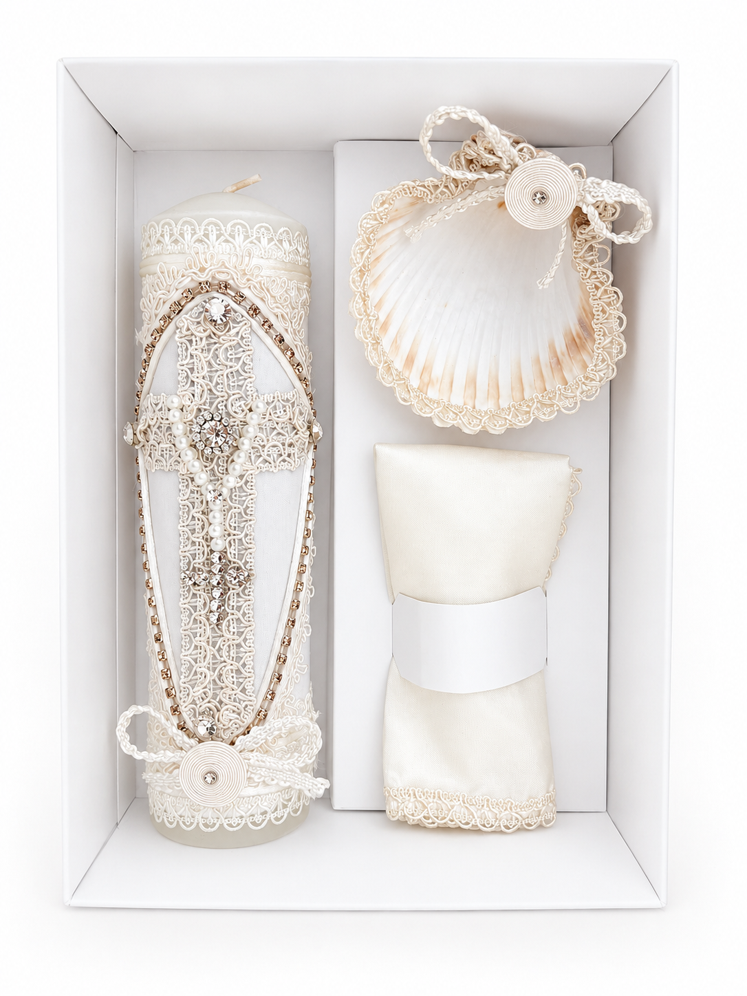 3 piece ivory baptism cross candle set in gift box with lace shell and satin handkerchief