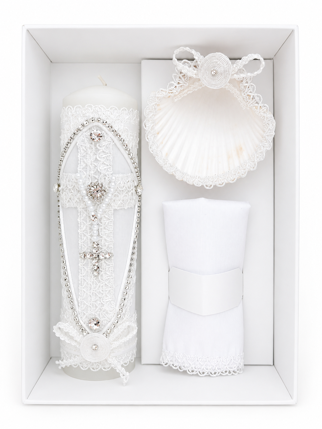 3 piece white baptism cross candle set in gift box with lace shell and handkerchief