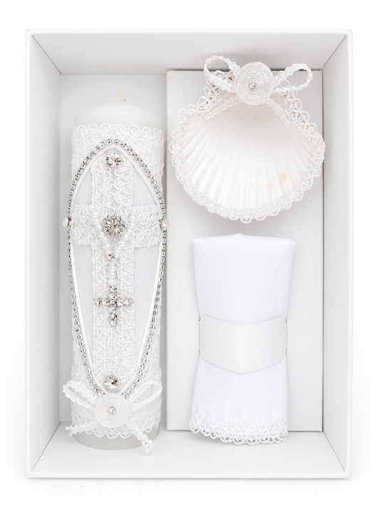 3 piece white baptism cross candle set in gift box with lace shell and handkerchief