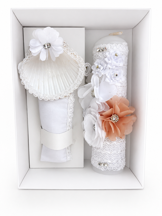 3 piece baptism candle set in white gift box with floral lace candle shell and handkerchief