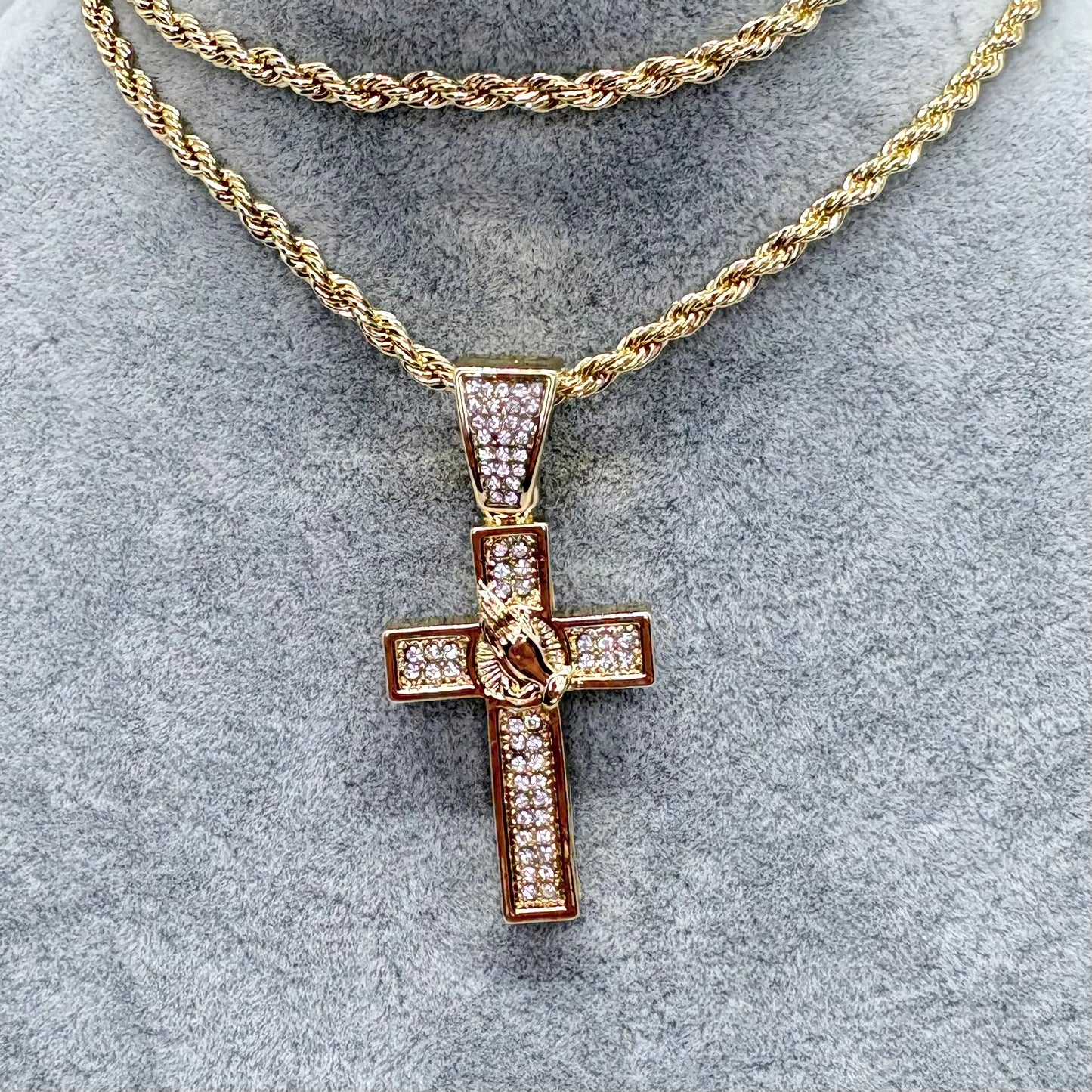 Cross Necklace with Praying Hands Pendant, Gold Rope Chain, CZ Diamond, Waterproof Stainless Steel