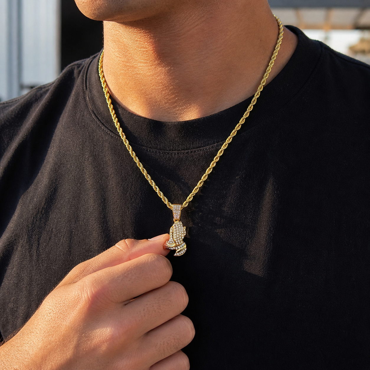 Praying Hands Necklace, Gold Rope Chain, CZ Diamond Pendant, Waterproof Stainless Steel