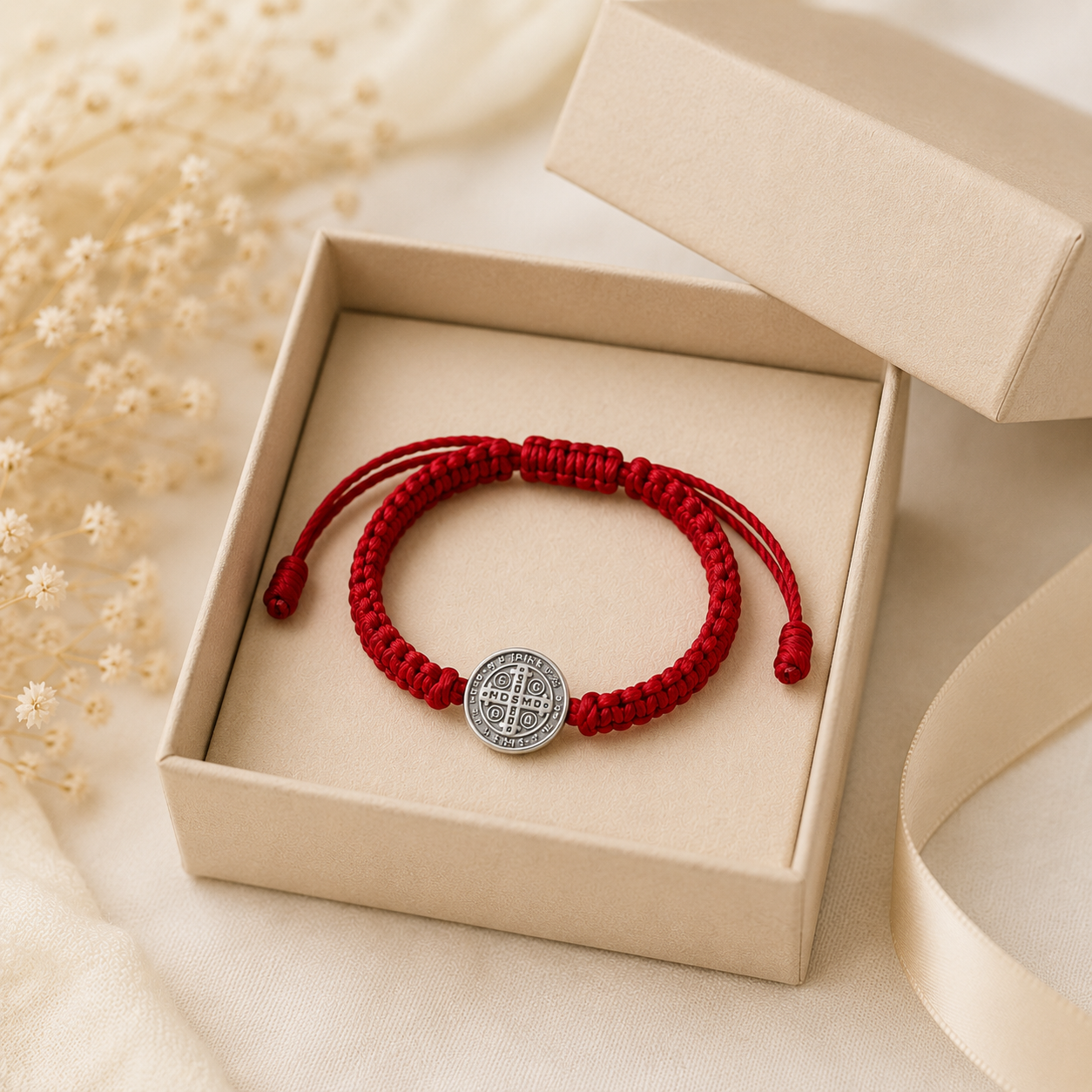 Red St. Benedict Baby Bracelet – Thick Woven Adjustable Cord