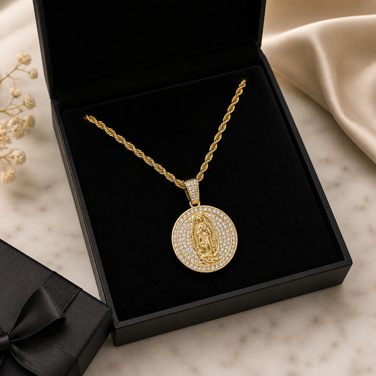 Virgin Mary Guadalupe Necklace, Gold Rope Chain, Round CZ Pendant, Waterproof Stainless Steel