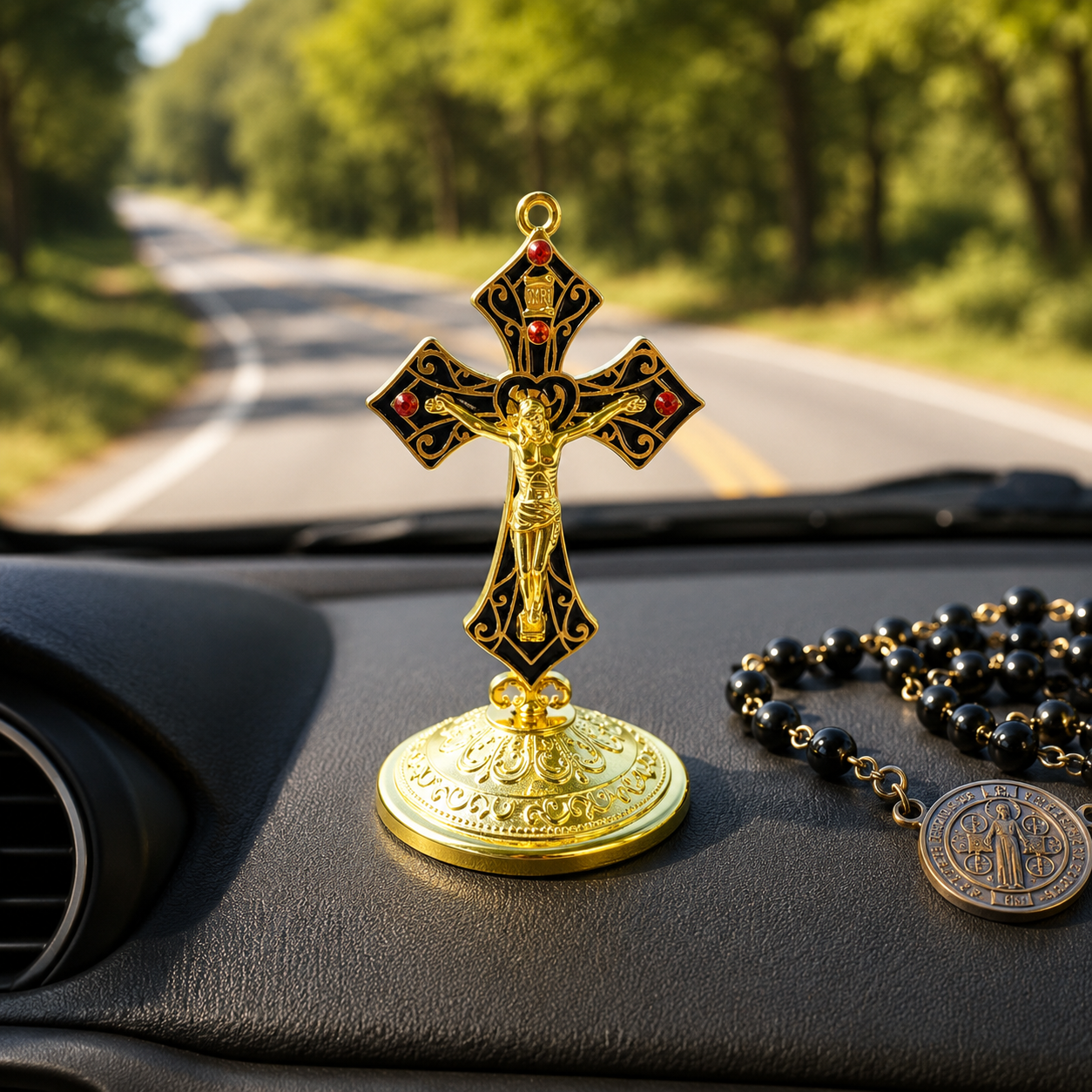 Gold Saint Benedict Dashboard Crucifix | 3.5” Catholic Car Cross with Adhesive Base