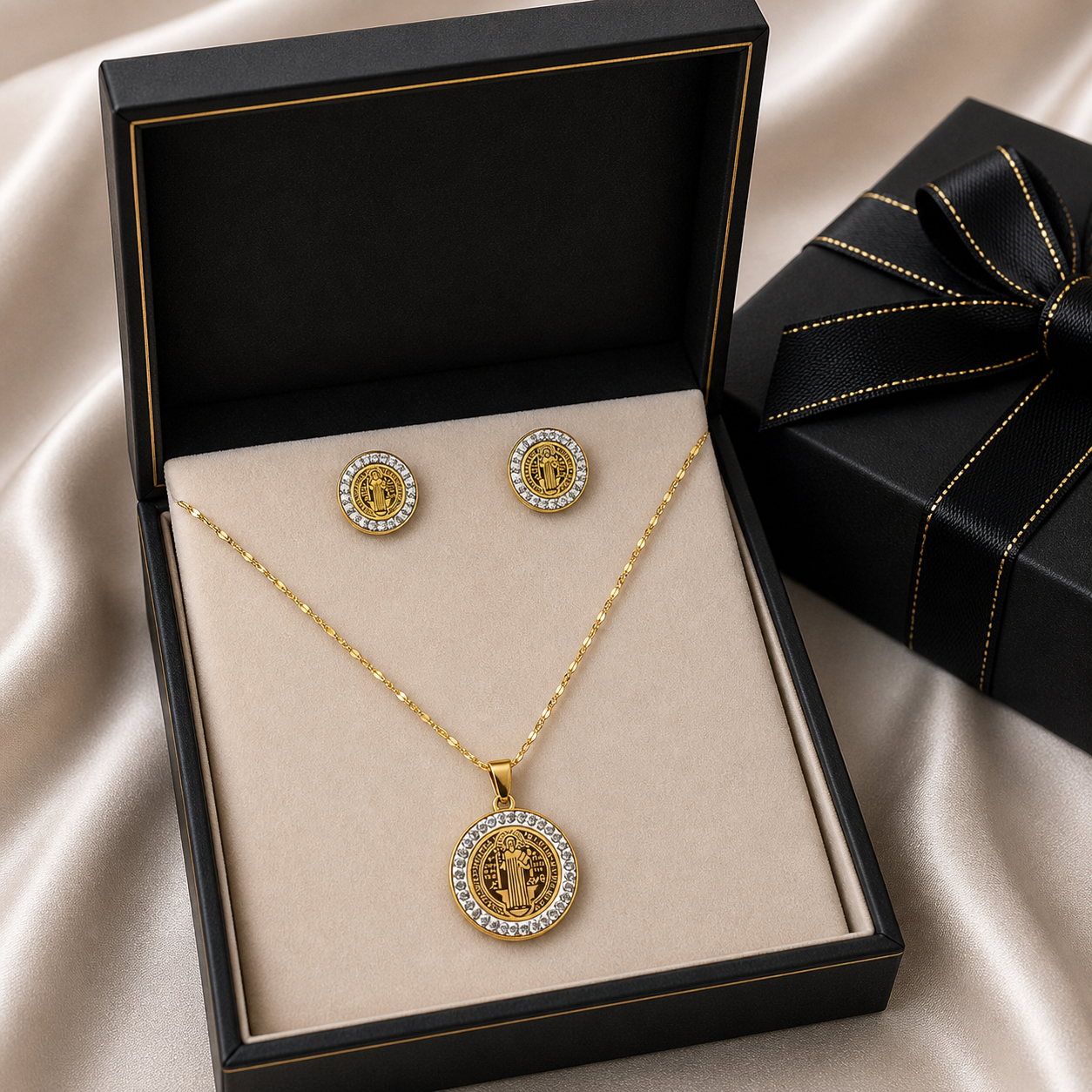 St Benedict Necklace and Earring Set Stainless Steel