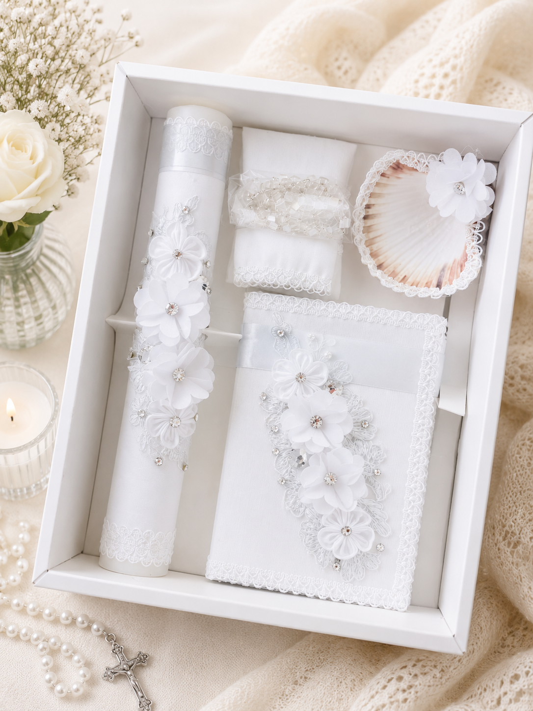 5 piece baptism gift set lifestyle photo with chiffon floral cascade candle bible shell handkerchief and crystal rosary