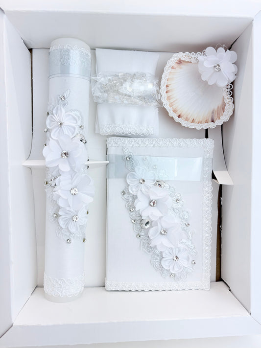 5 piece catholic baptism candle set gift box with chiffon floral cascade candle bible shell handkerchief and crystal rosary white