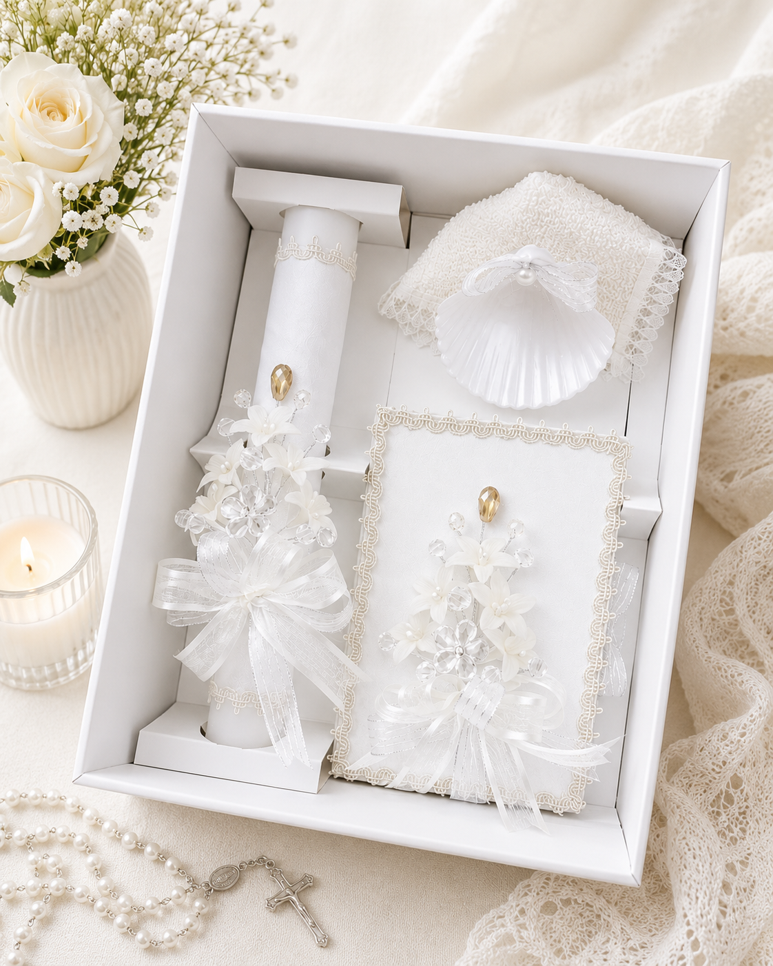 Complete 5 piece ivory baptism gift set lifestyle photo with crystal floral candle bible shell towel handkerchief and rosary
