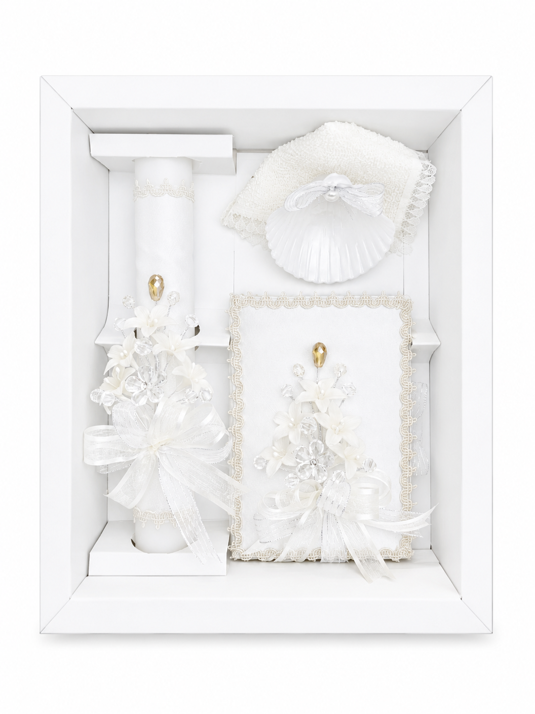 5 piece ivory baptism candle set gift box with crystal floral gold teardrop candle bible shell towel and rosary