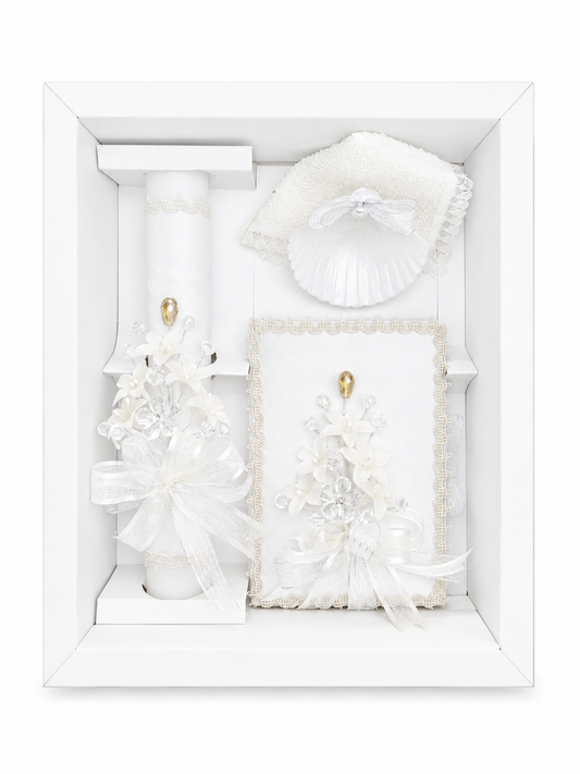 5 piece ivory baptism candle set gift box with crystal floral gold teardrop candle bible shell towel and rosary