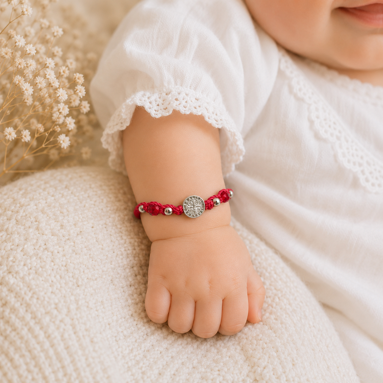 Red St. Benedict Baby Bracelet – Crystal Beaded Adjustable Nylon Bracelet