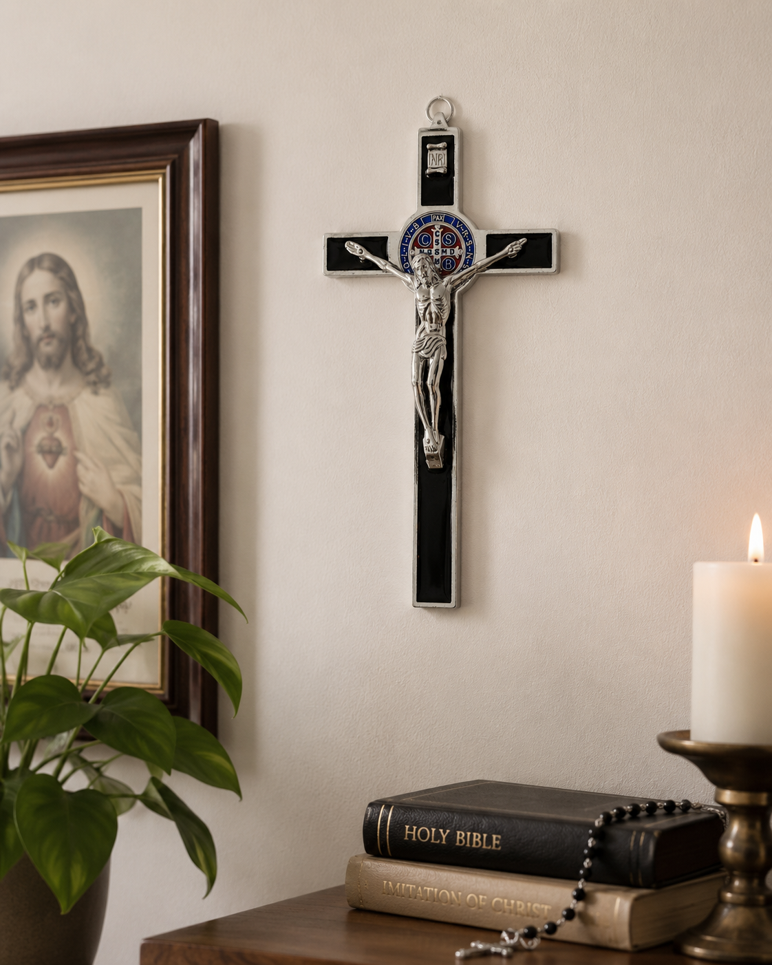 St. Benedict Crucifix with Black Enamel | 8-Inch Wall Cross with INRI & Medal