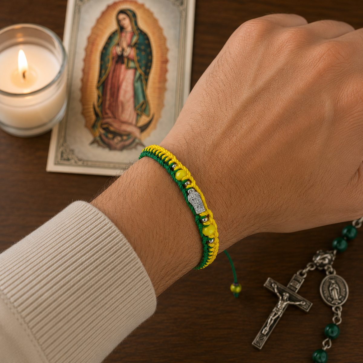 St. Jude Bracelet – Green & Yellow Beaded Adjustable Catholic Bracelet