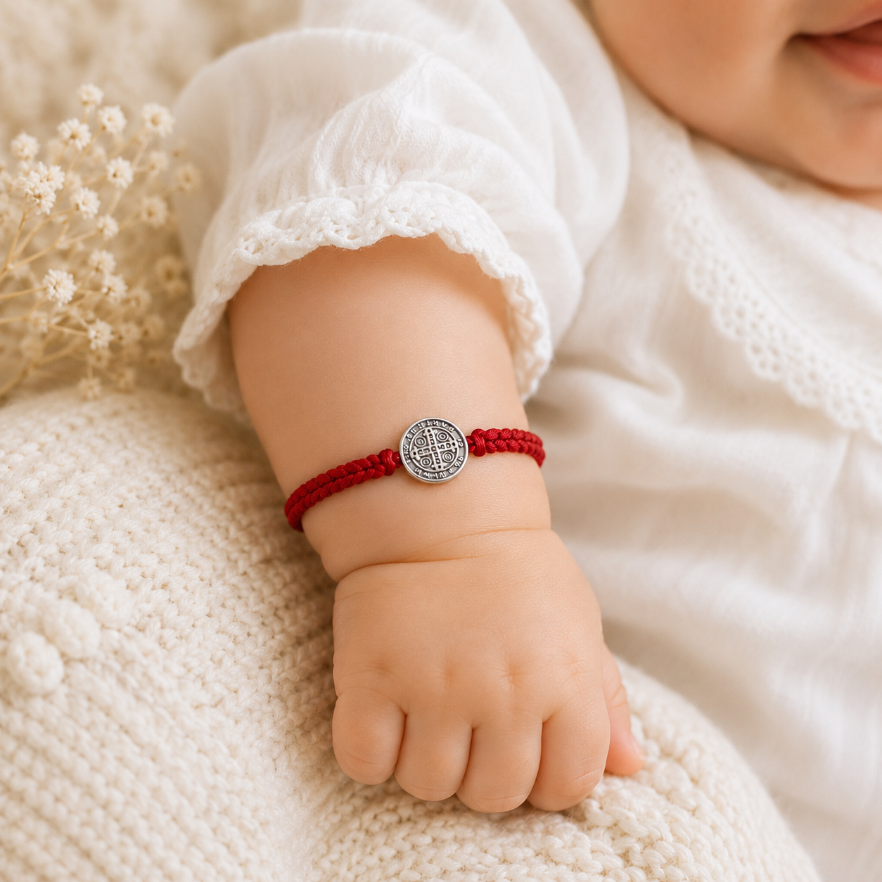 Red St. Benedict Baby Bracelet – Thick Woven Adjustable Cord