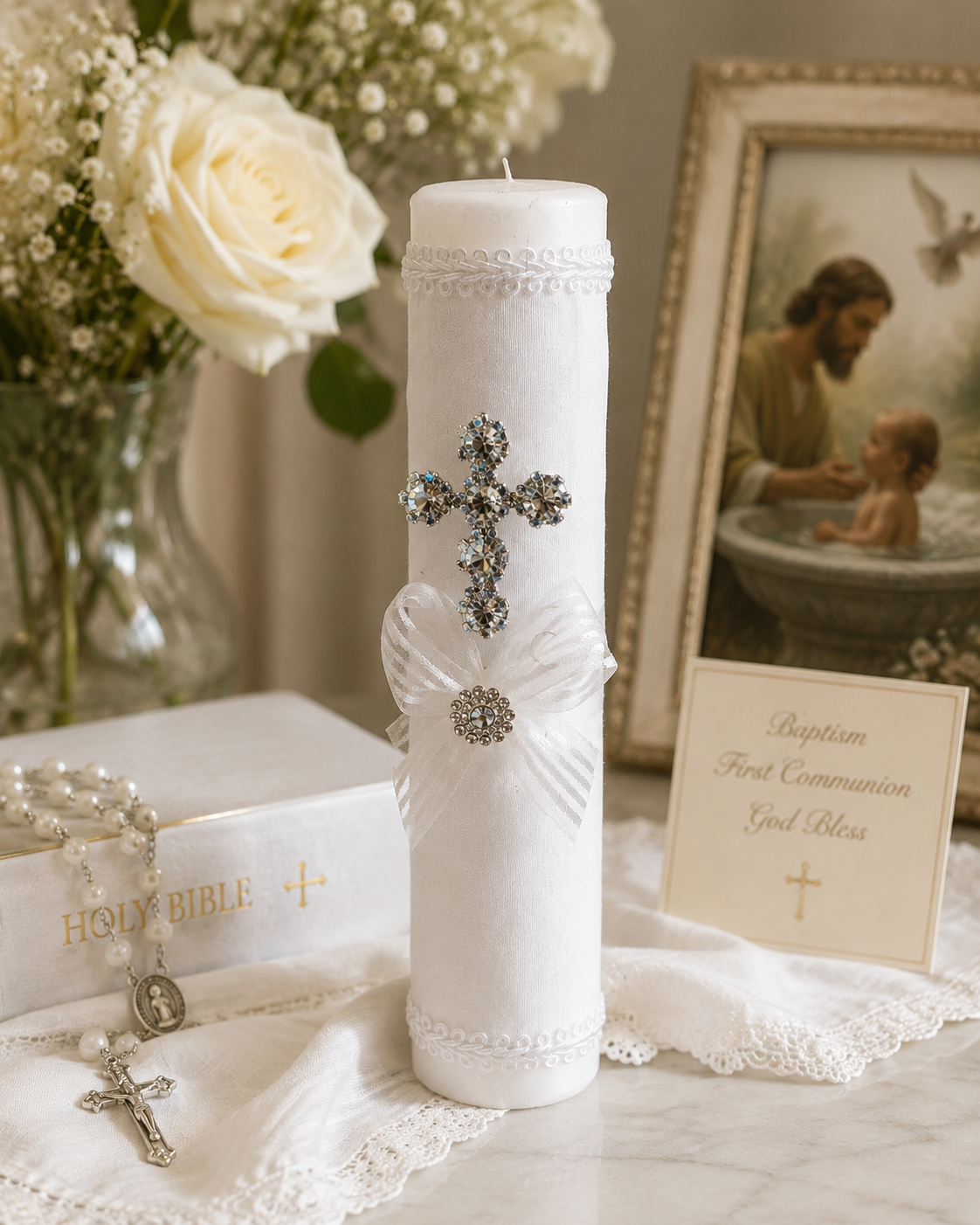Baptism Candle Style 35 | White Catholic Candle with Rhinestone Cross & Bow