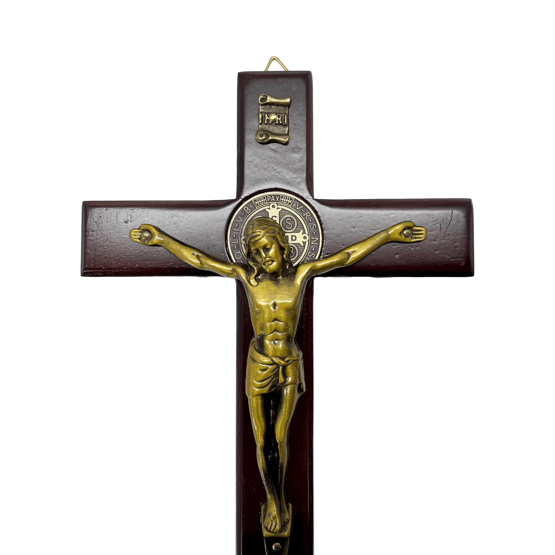 6 inch wooden St Benedict crucifix showing prominent St Benedict medal at center gold corpus detail
