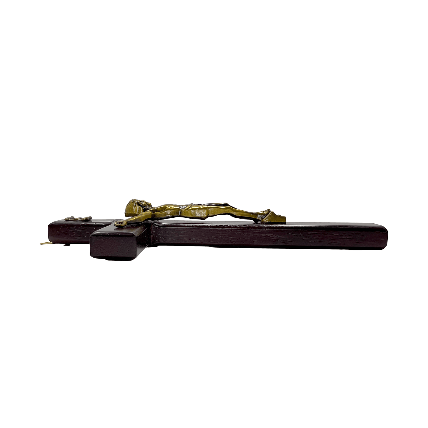 Side view of 6 inch wooden St Benedict crucifix showing metal hanging loop and solid wood construction