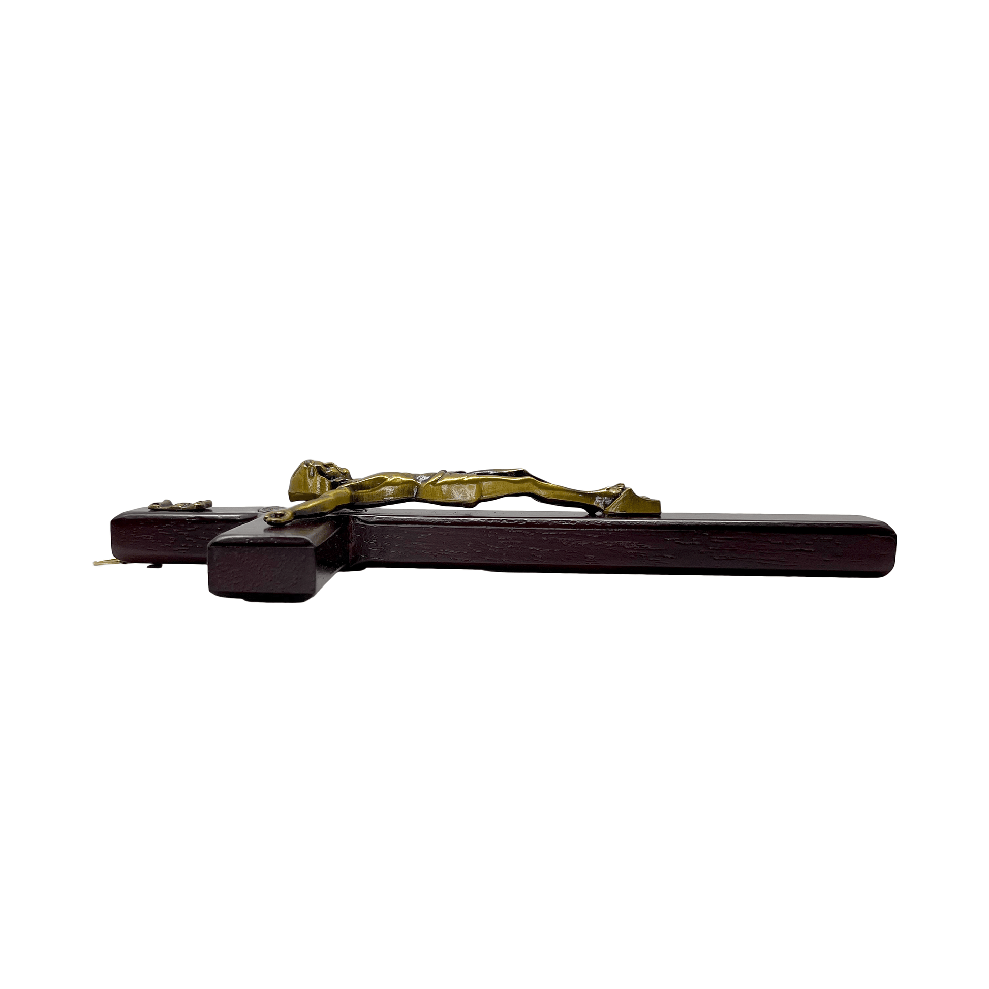 Side view of 6 inch wooden St Benedict crucifix showing metal hanging loop and solid wood construction