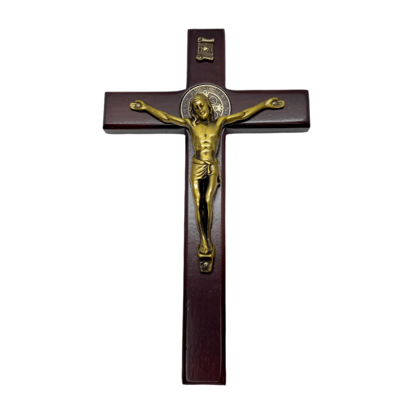 6 inch wooden St Benedict crucifix with gold corpus and St Benedict medal front view
