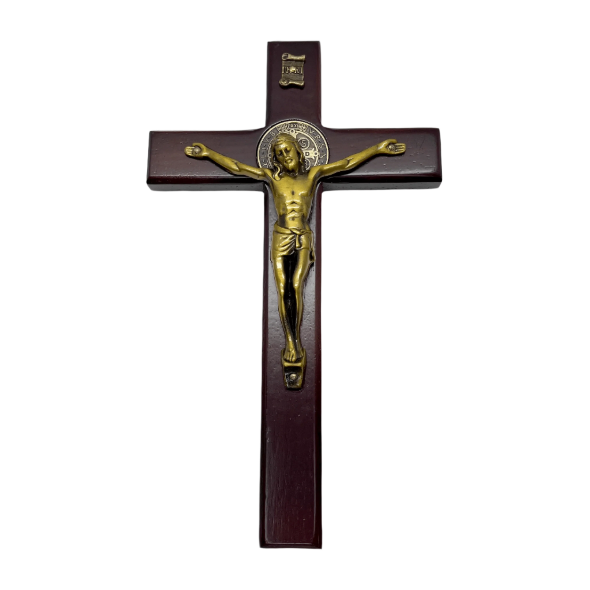 6 inch wooden St Benedict crucifix with gold corpus and St Benedict medal front view
