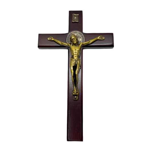 6 inch wooden St Benedict crucifix with gold corpus and St Benedict medal front view
