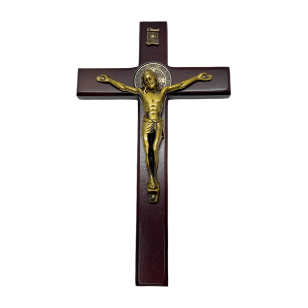 6 inch wooden St Benedict crucifix with gold corpus and St Benedict medal front view
