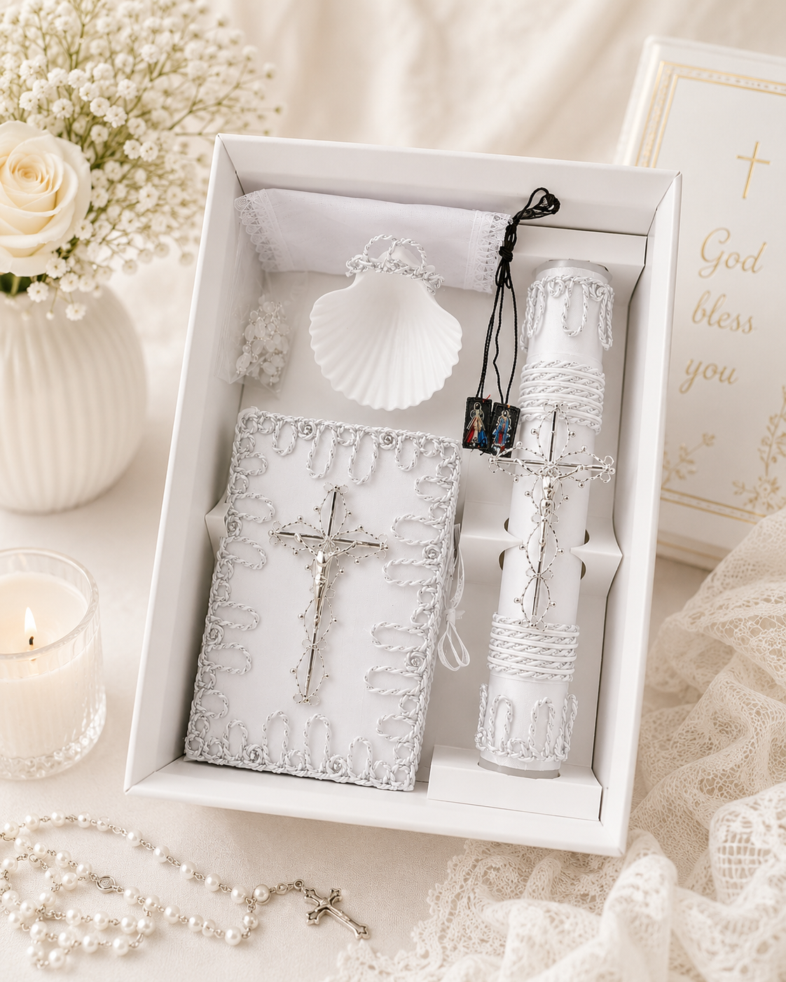 Complete 6 piece baptism gift set with silver crucifix candle decorated bible shell handkerchief rosary and scapular