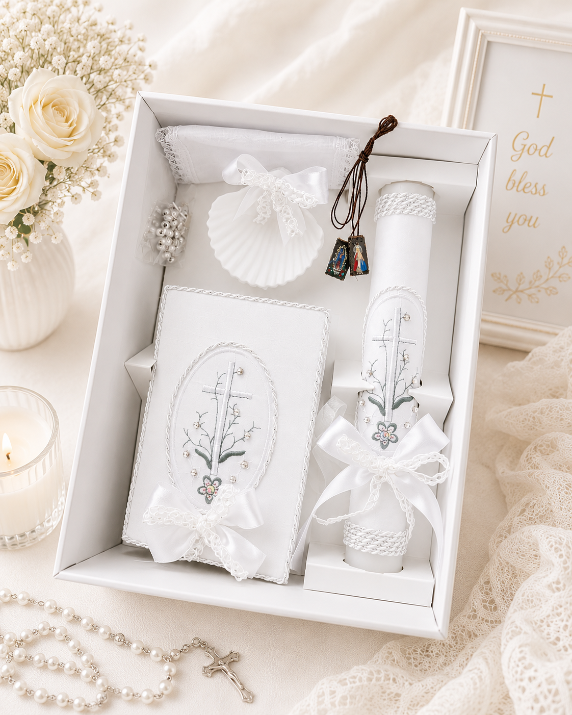 Complete 6 piece baptism gift set lifestyle photo with embroidered cross candle bible shell handkerchief rosary and scapular